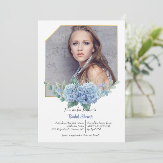 Blue Hydrangea Lijst Fotouitnodiging Kaart (Staand voorkant)