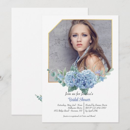 Blue Hydrangea Lijst Fotouitnodiging Kaart (Voorkant / Achterkant)