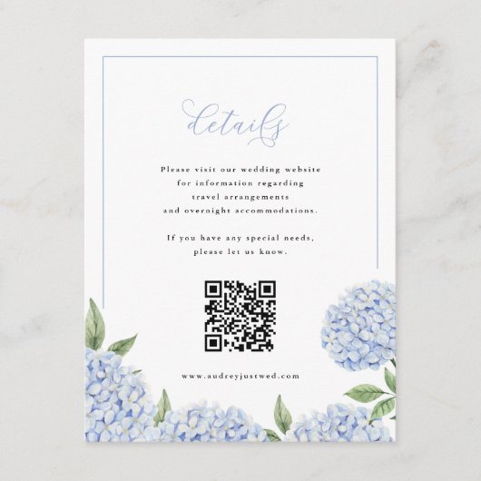 Blue Hydrangea Lijst Kalligrafie Detail QR-code Informatiekaartje (Voorkant)