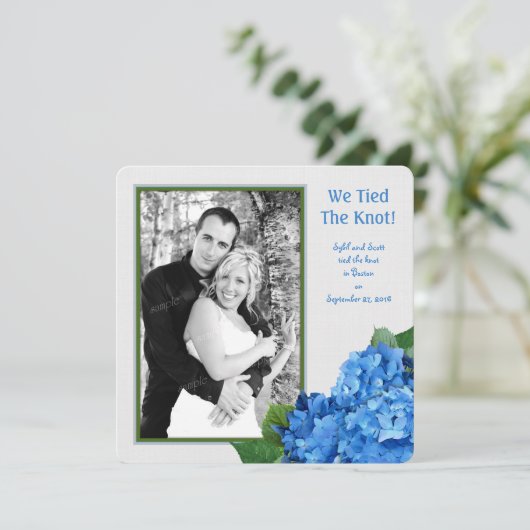Blue Hydrangea Marriage Announding Photo Card Aankondiging (Staand voorkant)