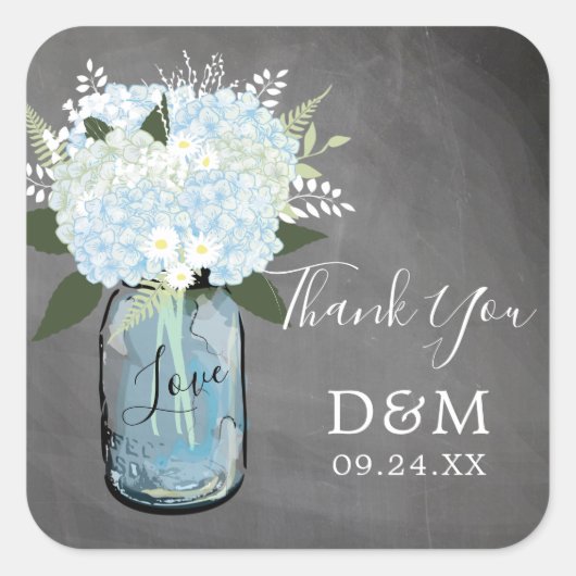 Blue Hydrangea Mason Jar Chalkboard bruiloft gunst Vierkante Sticker (Voorkant)