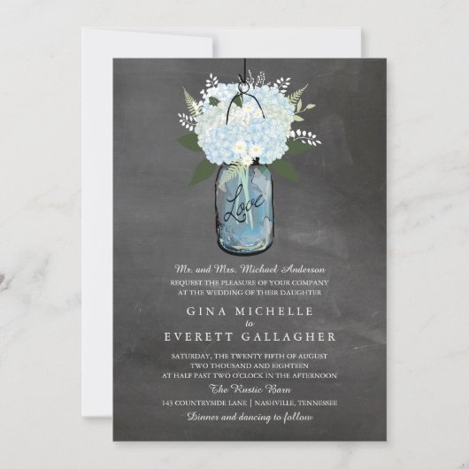 Blue Hydrangea Mason Jar Chalkboard | Bruiloft Kaart (Voorkant)