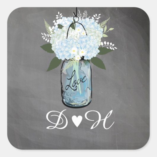 Blue Hydrangea Mason Jar Chalkboard | Bruiloft Vierkante Sticker (Voorkant)
