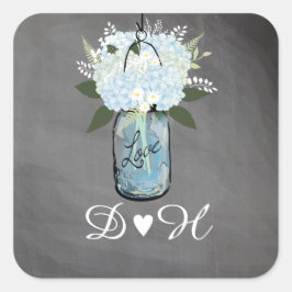 Blue Hydrangea Mason Jar Chalkboard | Bruiloft Vierkante Sticker