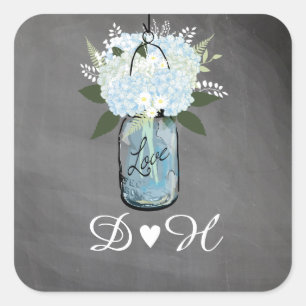 Blue Hydrangea Mason Jar Chalkboard   Bruiloft Vierkante Sticker