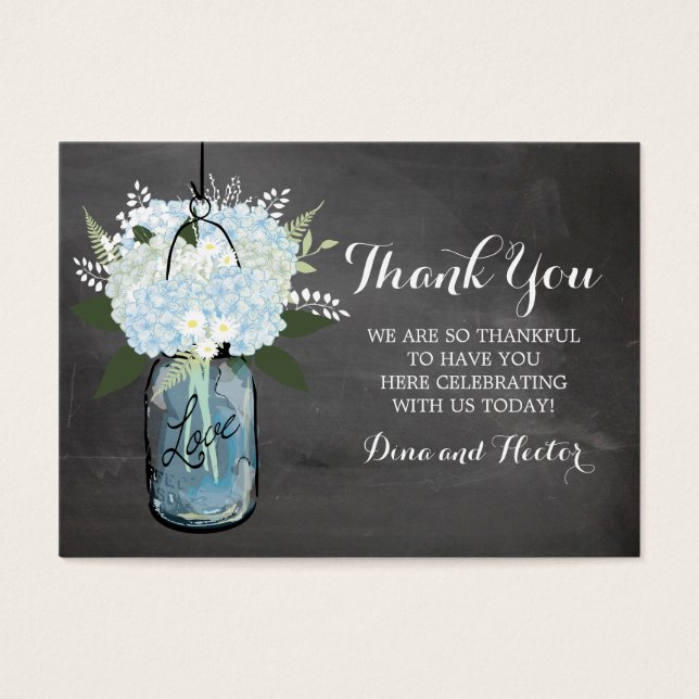 Blue Hydrangea Mason Jar Chalkboard | Favoriete ta Visitekaartjes (Voorkant)