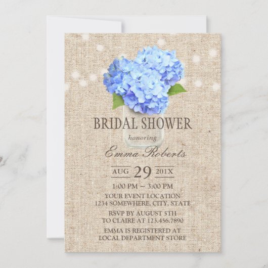Blue Hydrangea Mason Jar Rustic Vrijgezellenfeest Kaart (Voorkant)