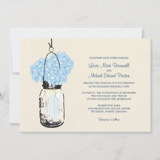 Blue Hydrangea Mason Jar Wedding Invitation Kaart (Voorkant)