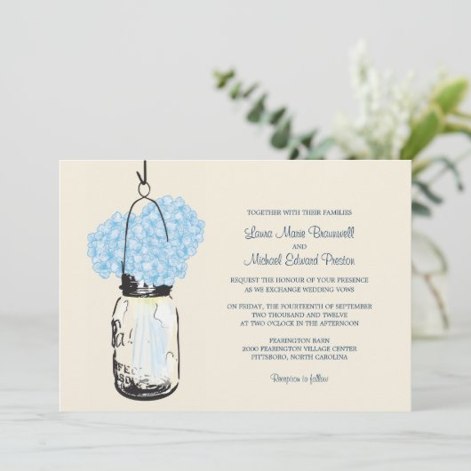 Blue Hydrangea Mason Jar Wedding Invitation Kaart (Staand voorkant)