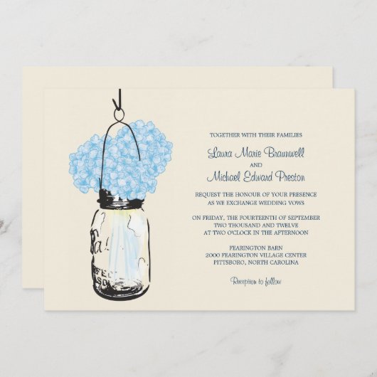Blue Hydrangea Mason Jar Wedding Invitation Kaart (Voorkant / Achterkant)