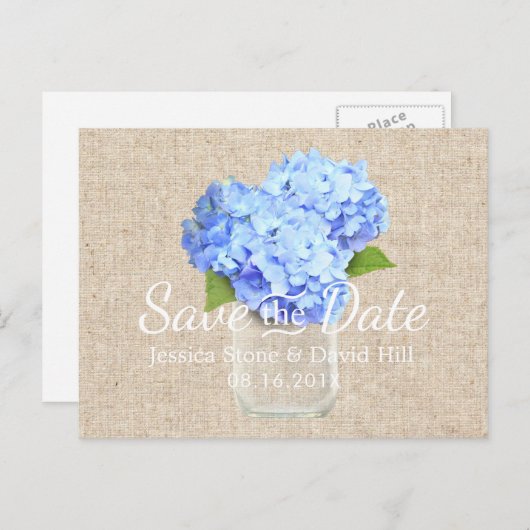 Blue Hydrangea Mason Jar Wedding Save the Date Aankondigingskaart (Voorkant / Achterkant)