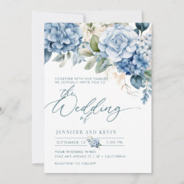 Blue Hydrangea Modern Script Bloemen Huwelijk Kaart