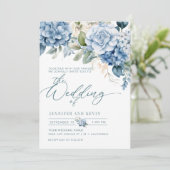 Blue Hydrangea Modern Script Bloemen Huwelijk Kaart (Staand voorkant)