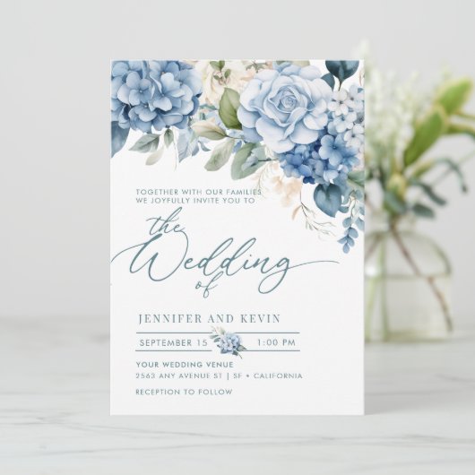Blue Hydrangea Modern Script Bloemen Huwelijk Kaart (Staand voorkant)