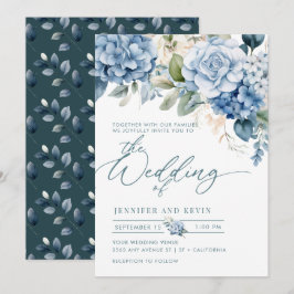 Blue Hydrangea Modern Script Bloemen Huwelijk Kaart