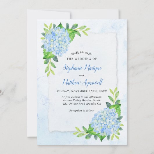 Blue Hydrangea Modern Waterverf Floral Wedding Kaart (Voorkant)