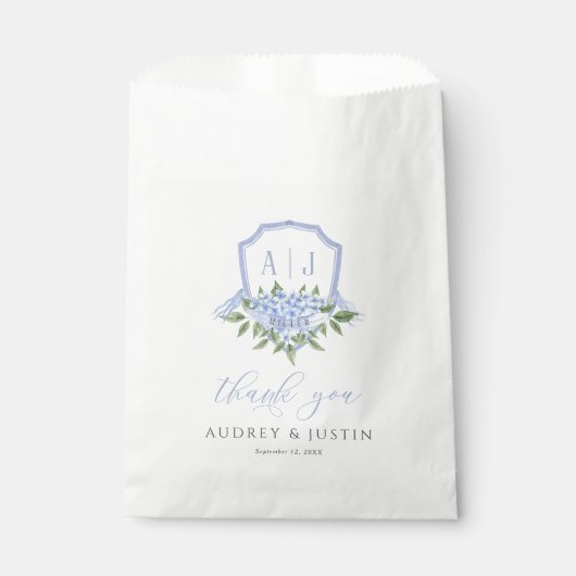Blue Hydrangea Monogram Crest Gepersonaliseerd bru Bedankzakje (Voorkant)