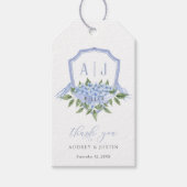 Blue Hydrangea Monogram Crest Gepersonaliseerd bru Cadeaulabel (Voorkant)