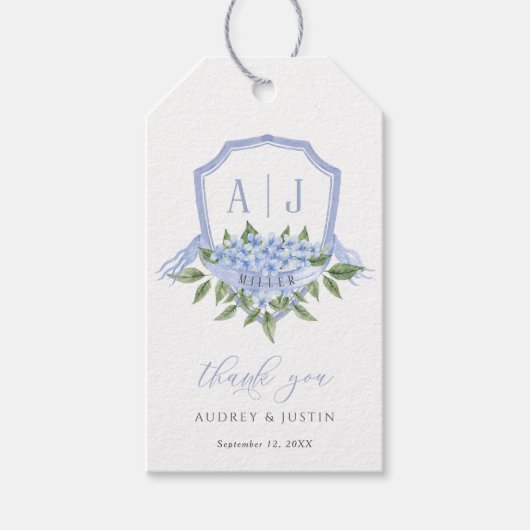 Blue Hydrangea Monogram Crest Gepersonaliseerd bru Cadeaulabel (Voorkant)