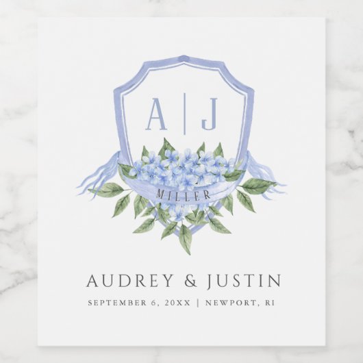 Blue Hydrangea Monogram Crest Gepersonaliseerd bru Wijn Etiket (Enkel label)