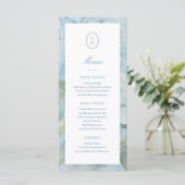 Blue Hydrangea Monogram Crest Wedding Flat Menu (Staand voorkant)
