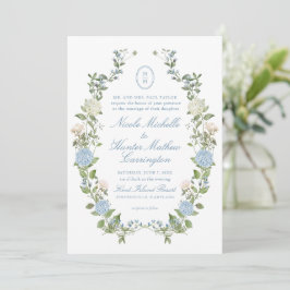 Blue Hydrangea Monogram Crest Wedding Invitation Kaart