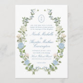 Blue Hydrangea Monogram Crest Wedding Invitation Kaart (Voorkant)