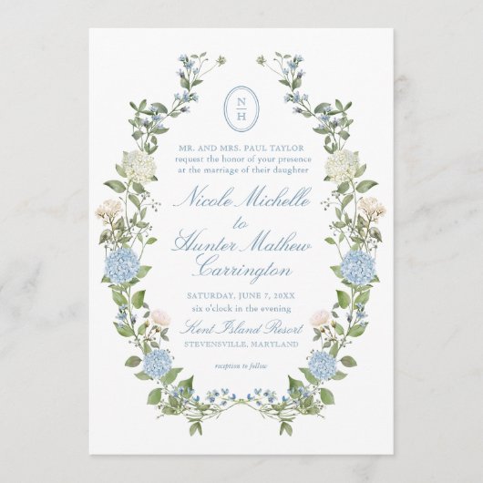 Blue Hydrangea Monogram Crest Wedding Invitation Kaart (Voorkant)