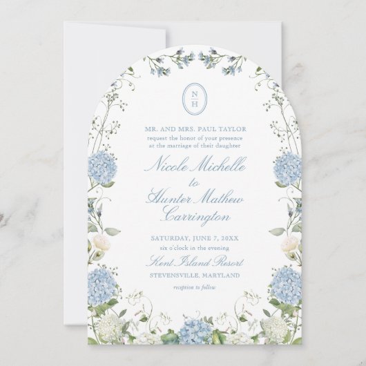 Blue Hydrangea Monogram Wedding Arch Invitation Kaart (Voorkant)