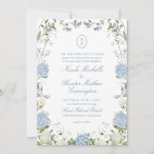 Blue Hydrangea Monogram Wedding Crest Invitation Kaart (Voorkant)