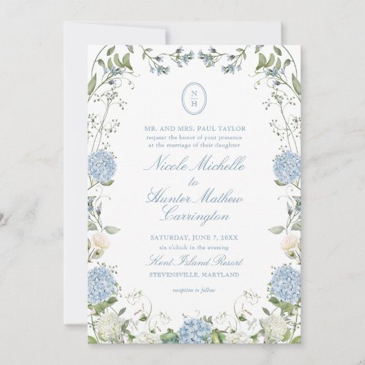 Blue Hydrangea Monogram Wedding Crest Invitation Kaart (Voorkant)