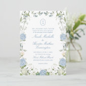 Blue Hydrangea Monogram Wedding Crest Invitation Kaart (Staand voorkant)