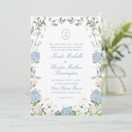 Blue Hydrangea Monogram Wedding Crest Invitation Kaart