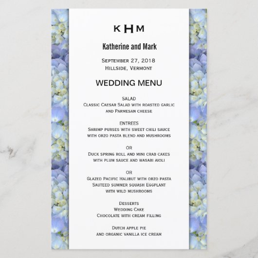 Blue Hydrangea Monogram Wedding Menu Sjabloon (Voorkant)