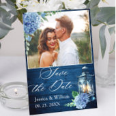 Blue Hydrangea Navy Wood Lantern Foto Weddenschap Save The Date