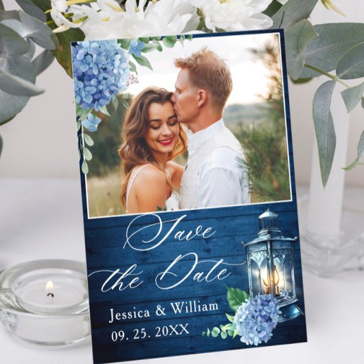 Blue Hydrangea Navy Wood Lantern Foto Weddenschap Save The Date