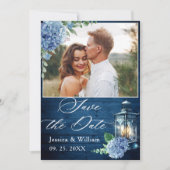Blue Hydrangea Navy Wood Lantern Foto Weddenschap Save The Date (Voorkant)