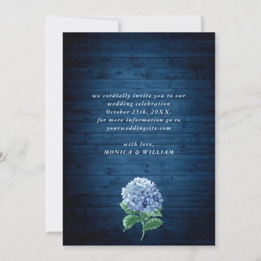 Blue Hydrangea Navy Wood Lantern Foto Weddenschap Save The Date (Achterkant)