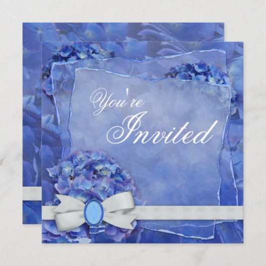 Blue Hydrangea Party Invitation Sjabloon Kaart (Voorkant / Achterkant)