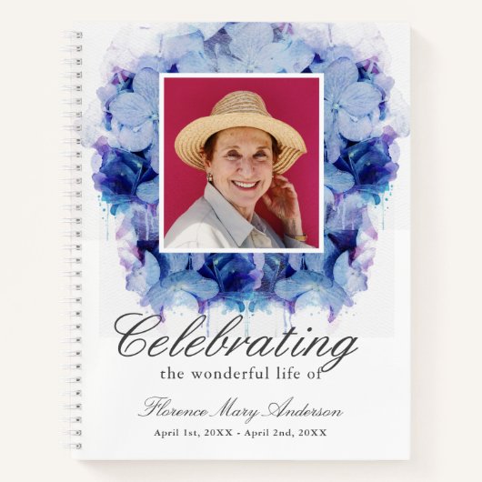 Blue Hydrangea Photo Memorial Funeral Guest Book Notitieboek (Voorkant)