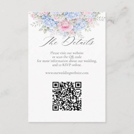 Blue Hydrangea Pink Floral Wedding Website QR Code Informatiekaartje (Voorkant)