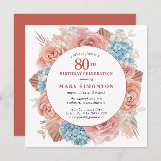 Blue Hydrangea Pink Rose Floral 80th Birthday Kaart (Voorkant / Achterkant)