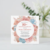Blue Hydrangea Pink Rose Floral 80th Birthday Kaart (Staand voorkant)
