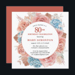 Blue Hydrangea Pink Rose Floral 80th Birthday Kaart<br><div class="desc">Rozen in mosterd roze met poppen blauwe hydrangeas creëer een klassieke zomercombinatie. De gedroogde palmbladeren voegen een Boho-vibe toe. De hedendaagse grote lijsten je details van je 80ste verjaardagsfeestje. De 80ste verjaardag van de viering van de verjaardag is in diep levendig roze. Alle tekst kan worden bewerkt. Bekijk het collectie...</div>