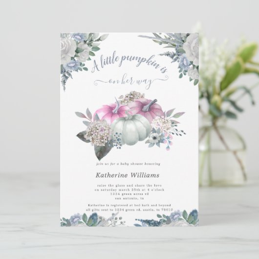 blue hydrangea pumpkin - baby shower - uitnodiging (Staand voorkant)