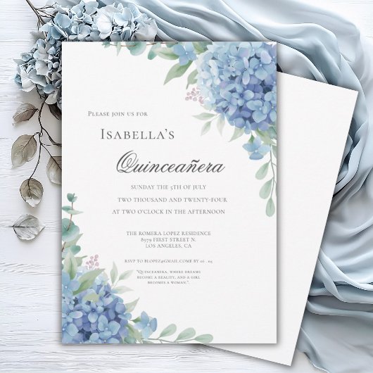 Blue Hydrangea Quinceañera Celebration 15 Kaart