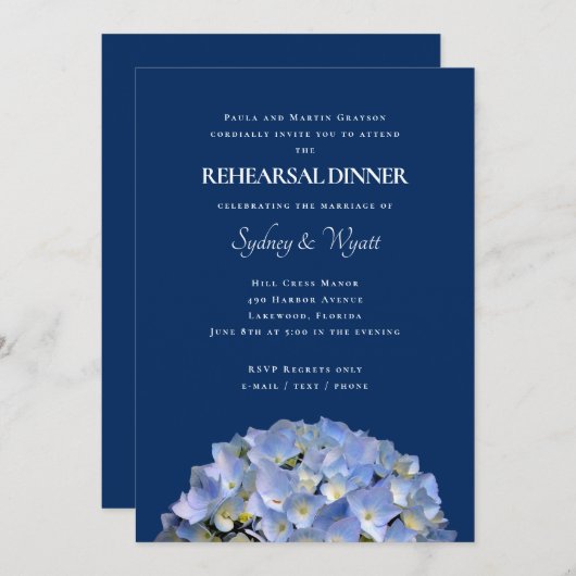 Blue Hydrangea Rehearsal Dinner Host Names Kaart (Voorkant / Achterkant)
