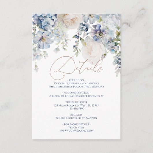 Blue Hydrangea & Roos Wedding Details Enclosure Informatiekaartje (Voorkant)