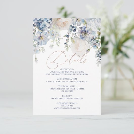 Blue Hydrangea & Roos Wedding Details Enclosure Informatiekaartje (Staand voorkant)