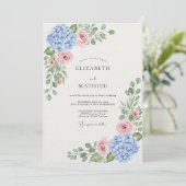 Blue Hydrangea Rose Botanical Wedding Kaart (Staand voorkant)